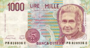 Banconota da 1000 Lire italiana, simbolo di valore collezionistico, su sfondo neutro.