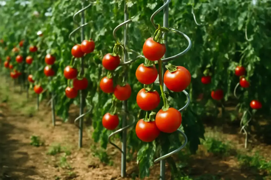 Supporti a spirale per pomodori: il sistema che previene piegamenti e raccolte anticipate